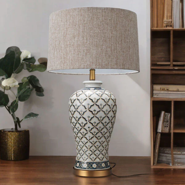 Antique Blue Ceramic Lamp with Diamond Pattern Design