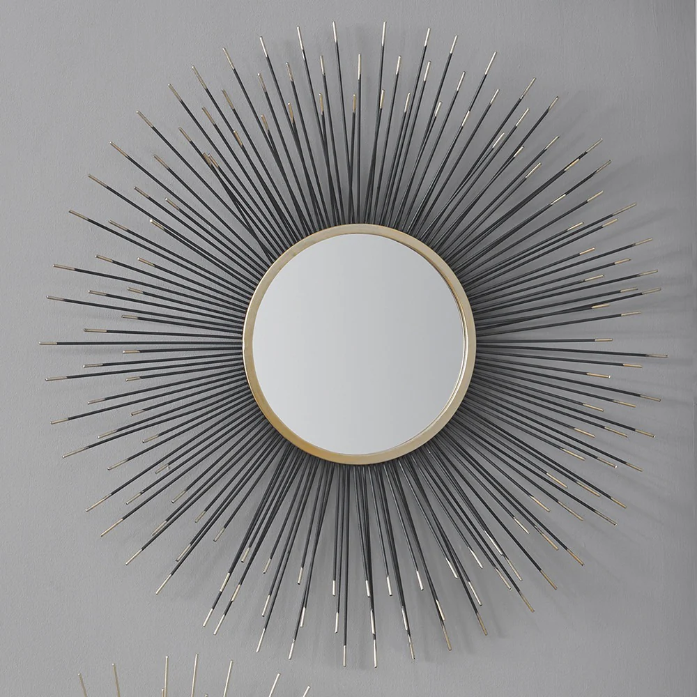 Black and Gold Metal Starburst Design Round Wall Mirror