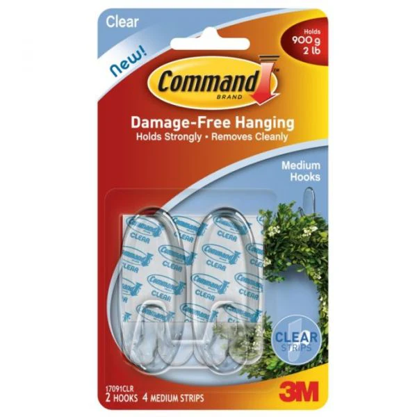 3M Command Hanging Clear Hooks - 2 Medium - 900g