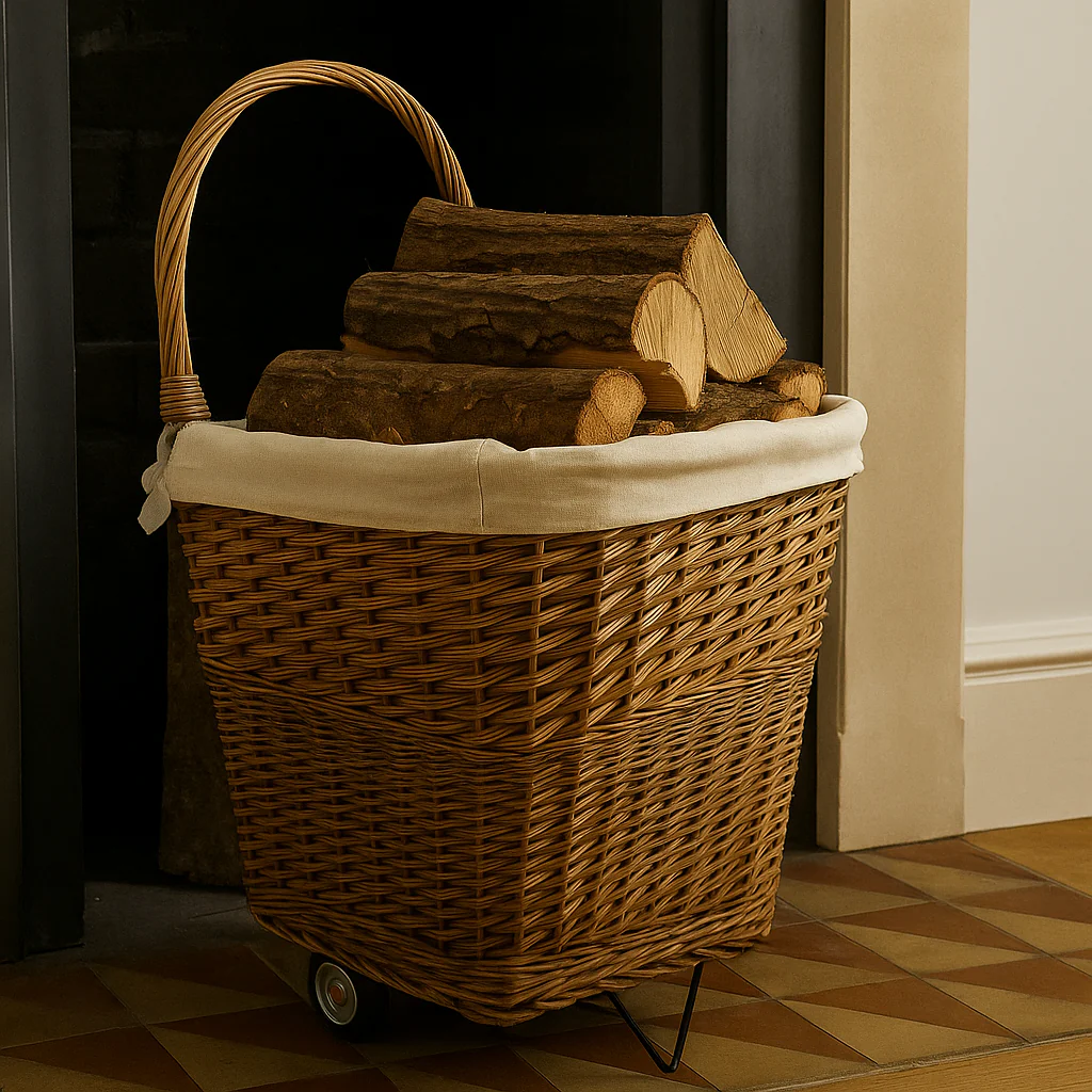 De Vielle Large Natual Wicker Firelog Cart with Canvas Liner Grey