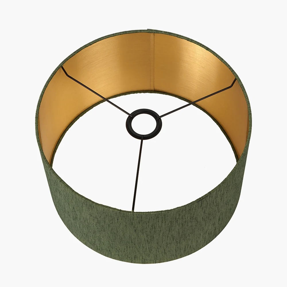 Langston Satin Brass Metal Column Table Lamp Base with Stellan 40cm Green Slubbed Silk Mix Gold Lined Cylinder Lampshade - Image 4