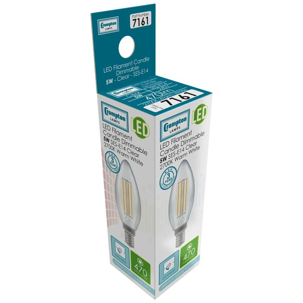 5W Dimmable LED Clear Candle Filament SES-E14 Warm White Light Bulb - Image 2