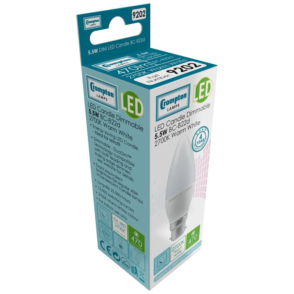 Crompton 5.5W LED Candle Warm White Dimmable BC-B22d Light Bulb - Image 2