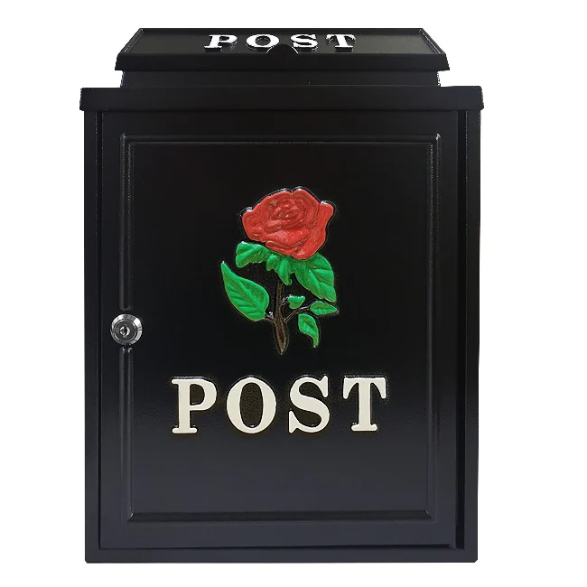 Manor Black with Red Rose Cast Aluminium Postbox