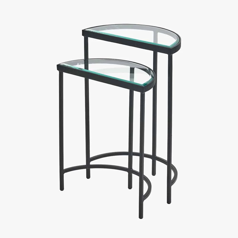Marazzi S/2 Bevelled Glass and Black Metal Half Moon Side Tables - Image 3