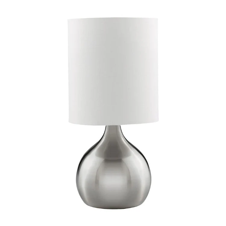 SATIN SILVER TOUCH TABLE LAMP WITH WHITE FABRIC SHADE