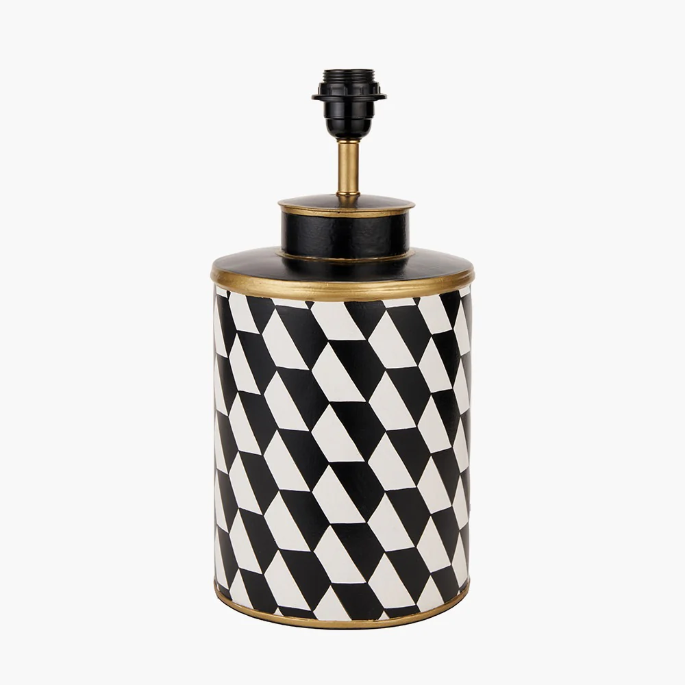Victor Black and White Geometric Hand Painted Metal Table Lamp Base with Stellan 35cm Black Slubbed Silk Mix Gold Lined Cylinder Lampshade - Image 2