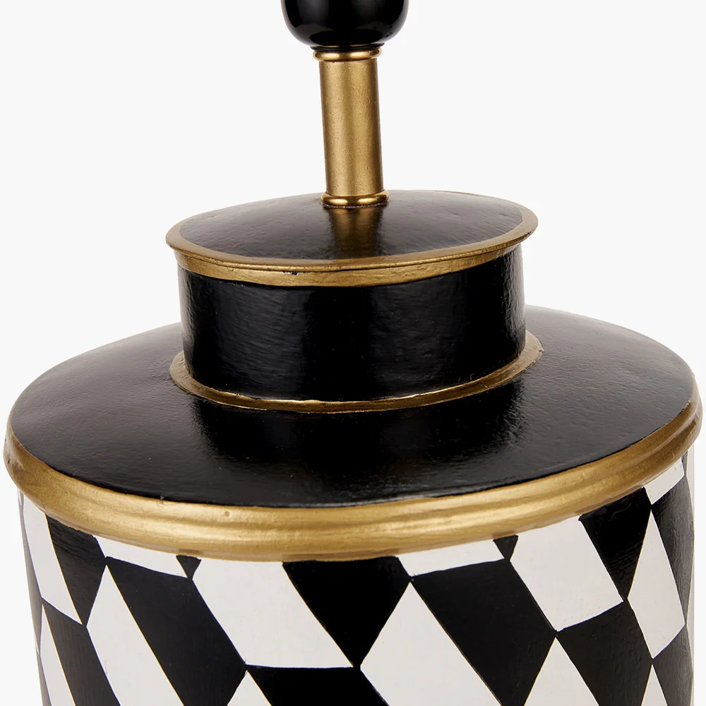 Victor Black and White Geometric Hand Painted Metal Table Lamp Base with Stellan 35cm Black Slubbed Silk Mix Gold Lined Cylinder Lampshade - Image 6