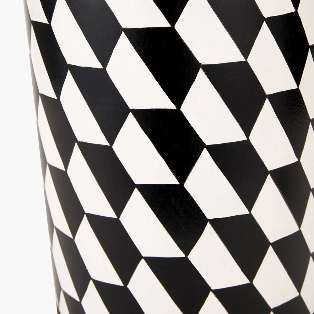 Victor Black and White Geometric Hand Painted Metal Table Lamp Base with Stellan 35cm Black Slubbed Silk Mix Gold Lined Cylinder Lampshade - Image 7
