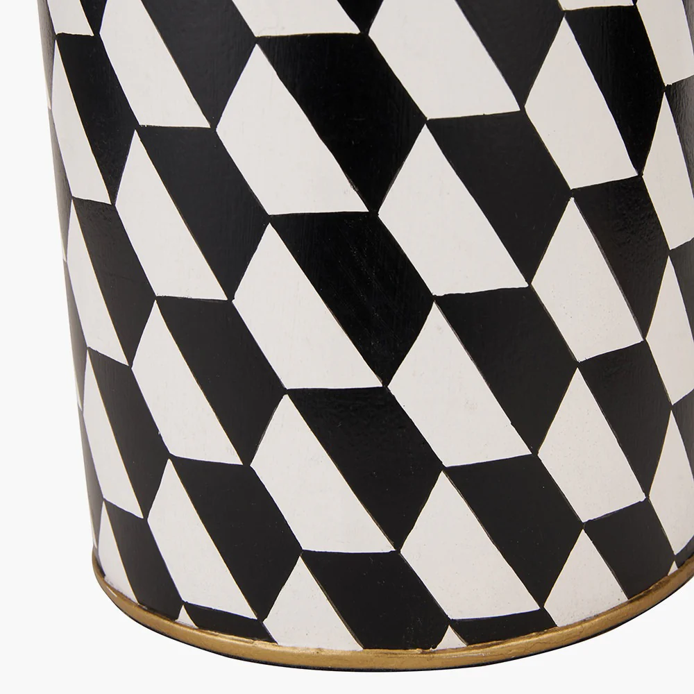 Victor Black and White Geometric Hand Painted Metal Table Lamp Base with Stellan 35cm Black Slubbed Silk Mix Gold Lined Cylinder Lampshade - Image 8